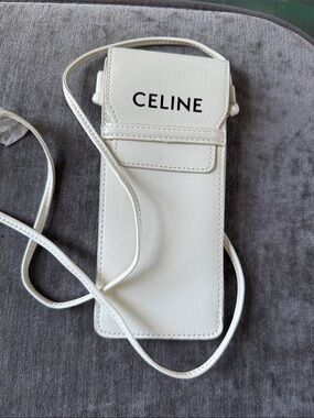 Celine White eco friendly Leather Crossbody Phone Pouch with Logo